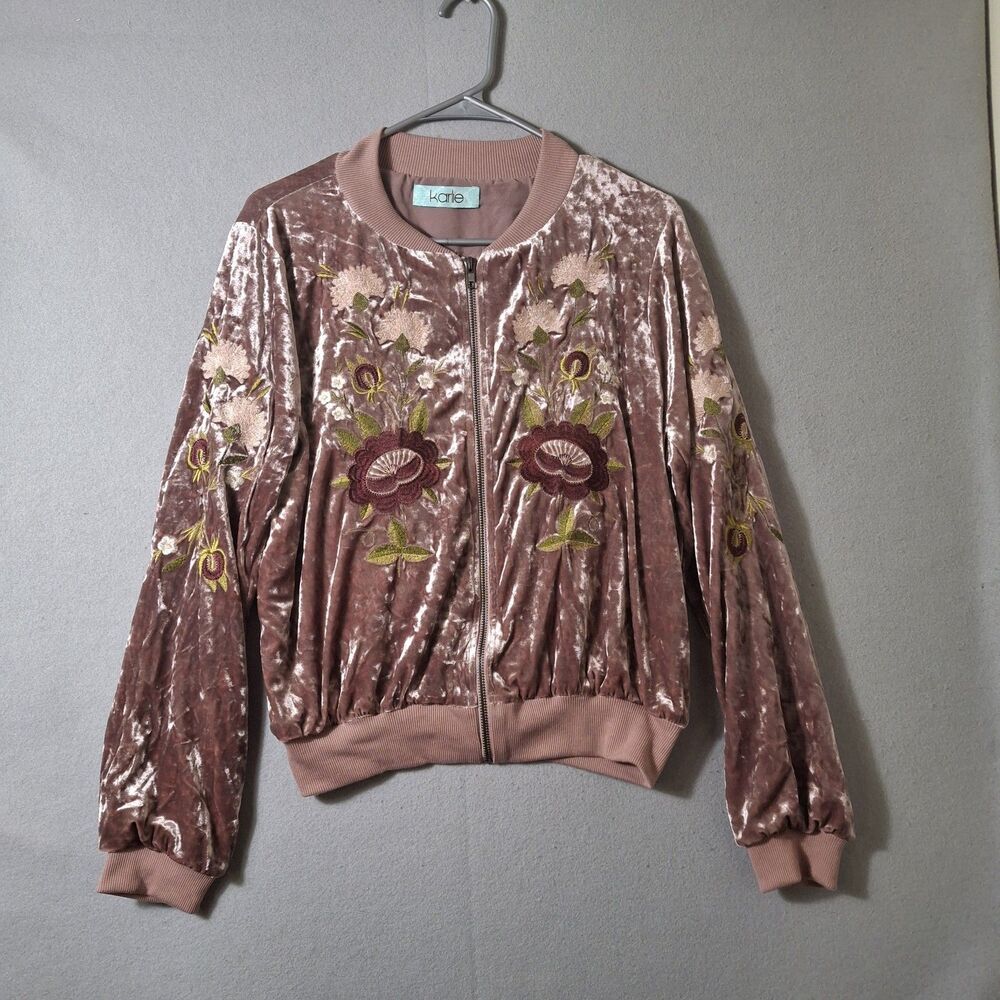 Karlie Mauve Crushed Velvet Bomber Jacket Womens Large Floral Embroidered